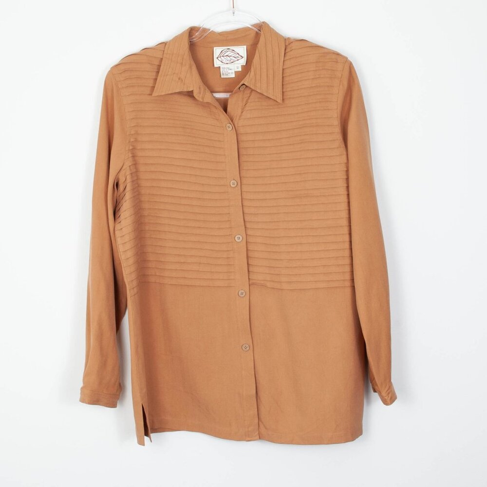 Natural Elements Womens Gold 100% Silk Button Down Shirt Size 12 Classic Career